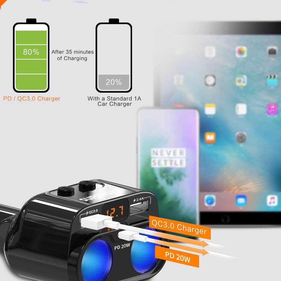 SUPERONE 200W 2-Socket Cigarette Lighter Splitter Power Adapter, USB C Car Charger with 20W Power Delivery 3.0 & QC 3.0 for iPhone 17/16 Pro Max/15/14/13/12/11 Pro/X/8, Samsung, Google Pixel and More