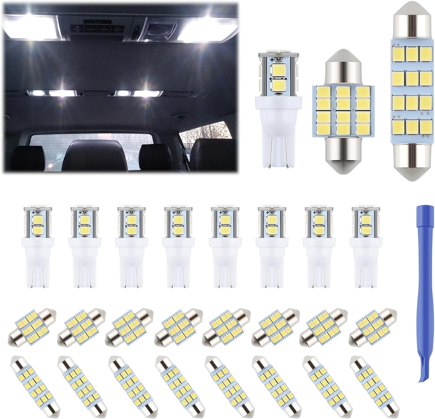 iFunyLED 24pcs Dome Lights LED Car Interior Bulb Kit 194 T10 DE3175 578 31mm 42mm Bulb Car Map License Plate Side Marker Corner Trunk Lights - White