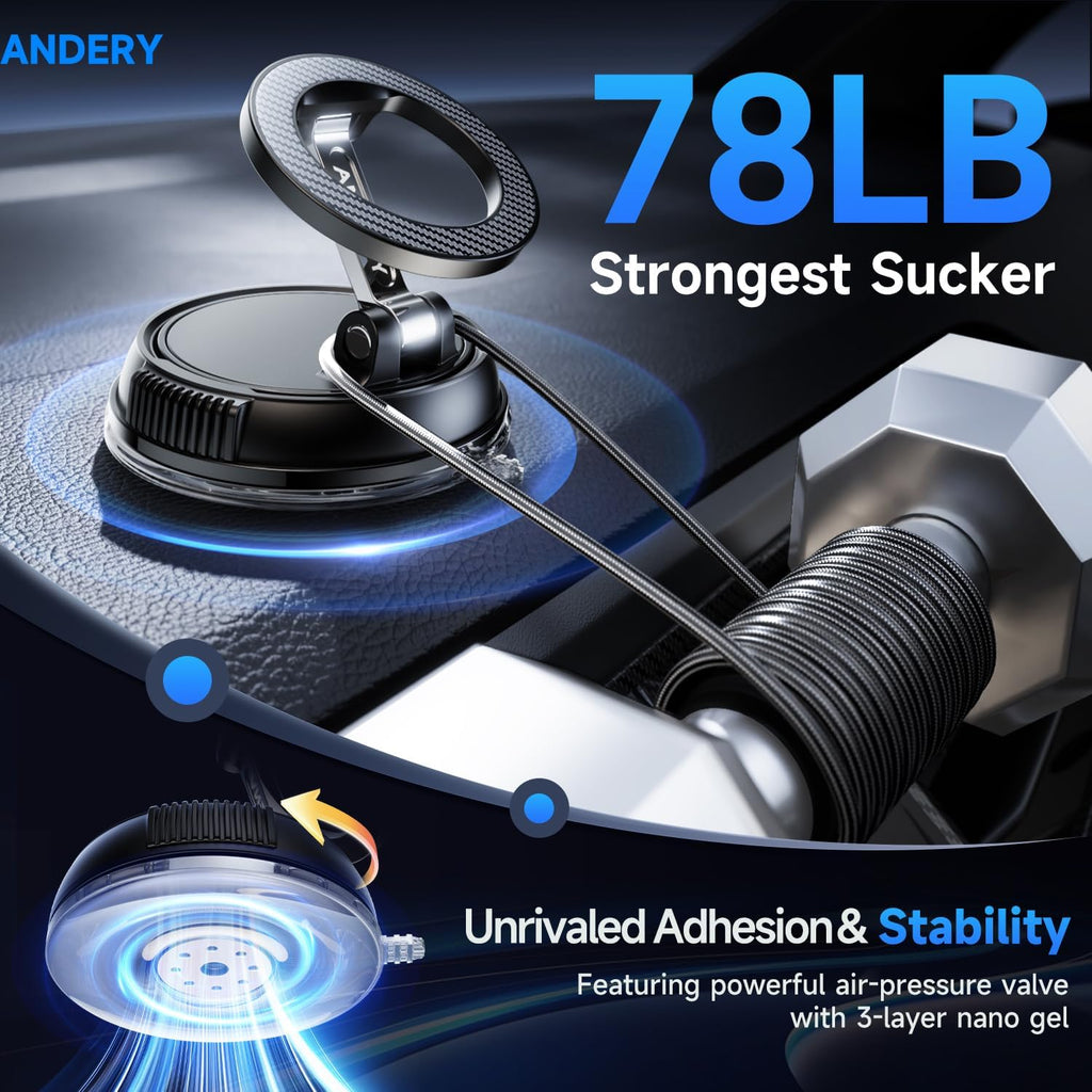 ANDERY Car Phone Holder for Magsafe [78+LBS Strongest Suction & 2400gf Magnetic] 360¡ã Adjustable Car Phone Mount, Phone Holders for Your Car for iPhone 17-12 Pro Max Plus Air, Carbon Fiber