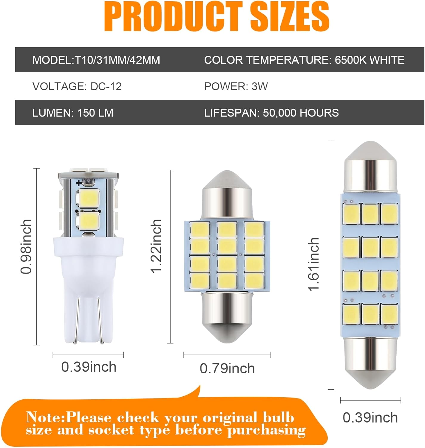 iFunyLED 24pcs Dome Lights LED Car Interior Bulb Kit 194 T10 DE3175 578 31mm 42mm Bulb Car Map License Plate Side Marker Corner Trunk Lights - White