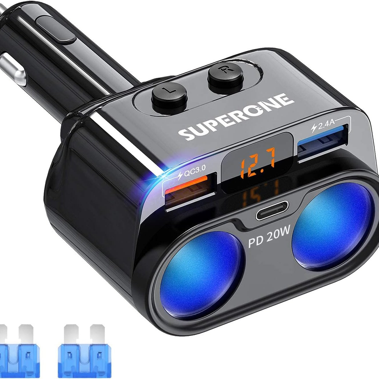SUPERONE 200W 2-Socket Cigarette Lighter Splitter Power Adapter, USB C Car Charger with 20W Power Delivery 3.0 & QC 3.0 for iPhone 17/16 Pro Max/15/14/13/12/11 Pro/X/8, Samsung, Google Pixel and More