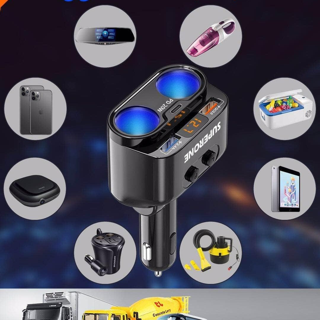SUPERONE 200W 2-Socket Cigarette Lighter Splitter Power Adapter, USB C Car Charger with 20W Power Delivery 3.0 & QC 3.0 for iPhone 17/16 Pro Max/15/14/13/12/11 Pro/X/8, Samsung, Google Pixel and More
