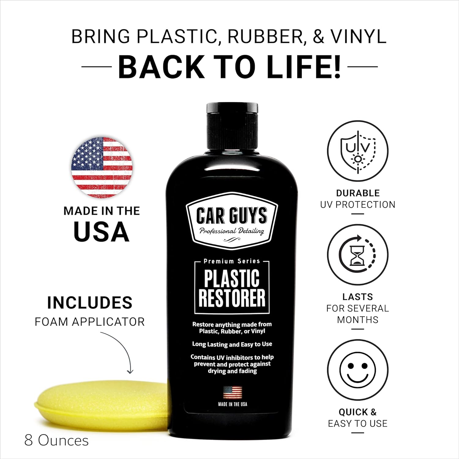 CAR GUYS Plastic Restorer | Rejuvenate plastic, rubber and vinyl! | User-friendly trim fixer | Safety Car Detailing | 8 oz set with foam applicator