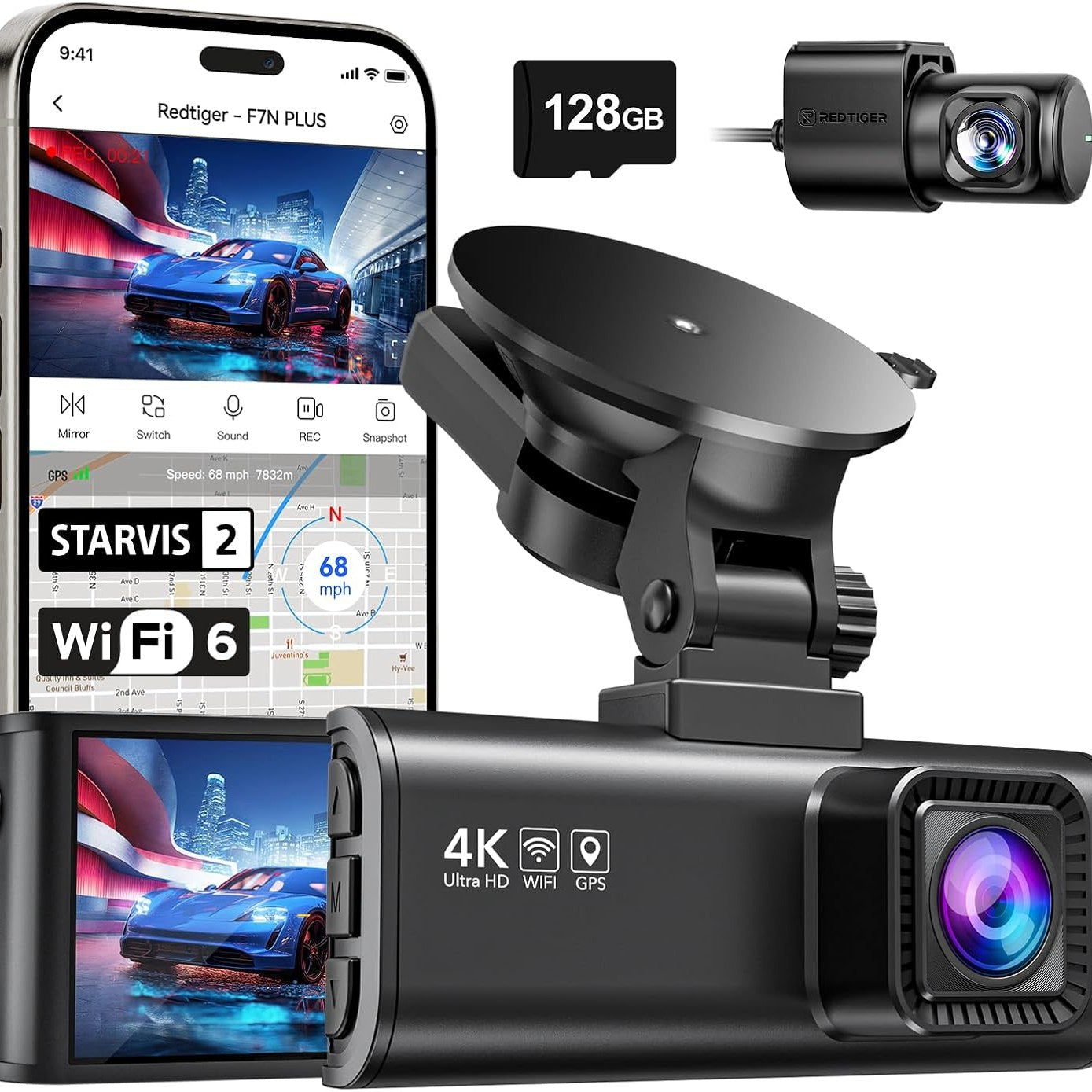 REDTIGER 4K Dash Cam Front Rear Mount, STARVIS 2 Sensor with Free Card, 5.8GHz WiFi-20MB/s Fast Download, Car Dash Cam with GPS, WDR Night Vision, 170¡ã Wide Angle, 24 Hours Parking Mode (F7NP)