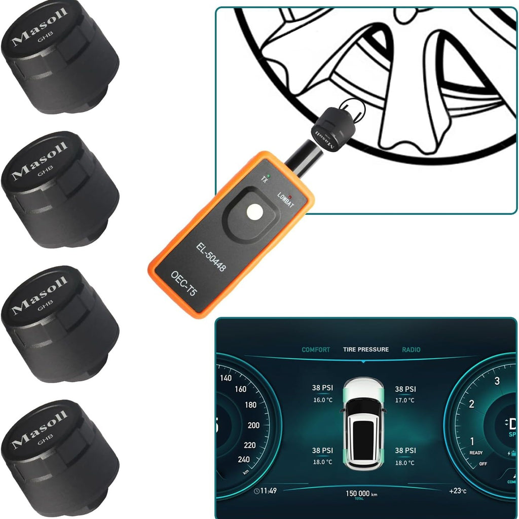 Masoll TPMS Sensor for General Chevrolet Silverado Buick Cadillac GMC, 2nd Generation TPMS Sensor 4-Piece Set with 1 TPMS Relearn Tool, External Tire Pressure Sensor, Easy Installation