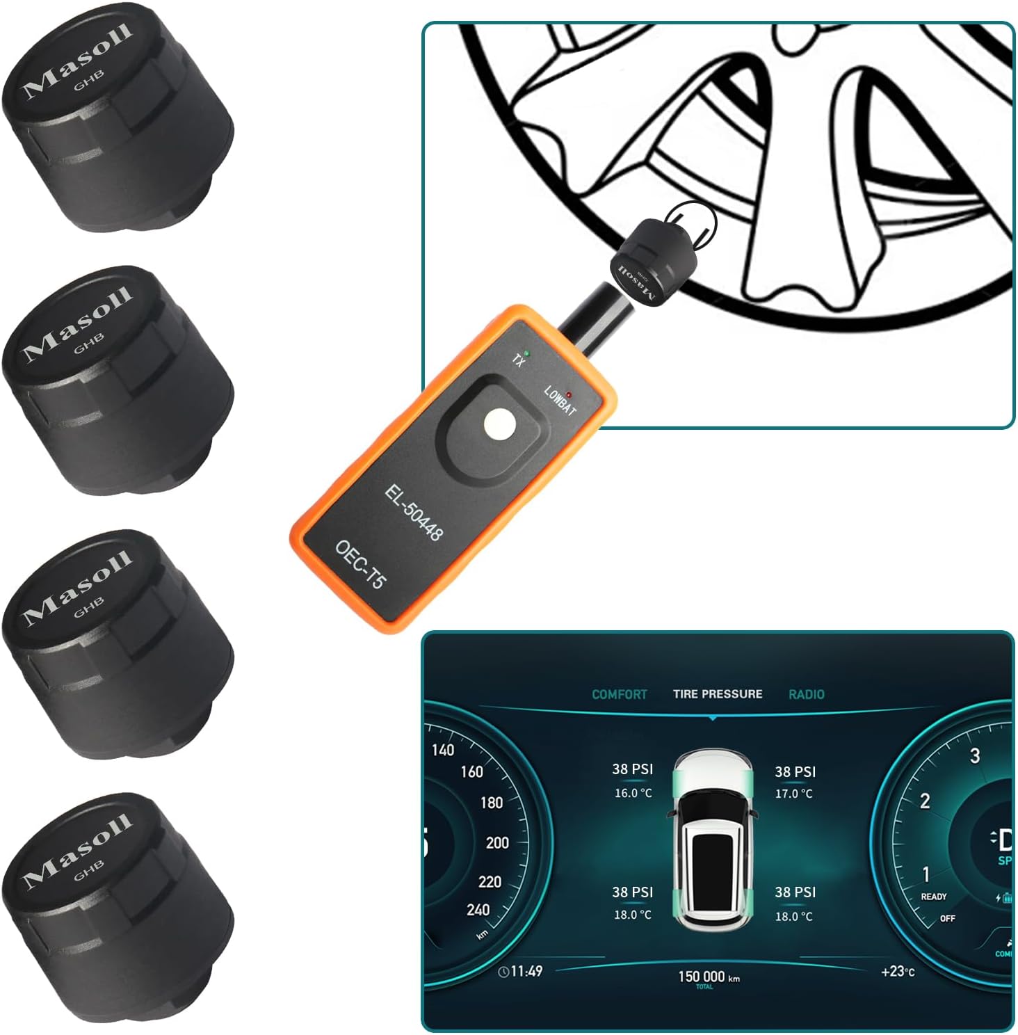 Masoll TPMS Sensor for General Chevrolet Silverado Buick Cadillac GMC, 2nd Generation TPMS Sensor 4-Piece Set with 1 TPMS Relearn Tool, External Tire Pressure Sensor, Easy Installation