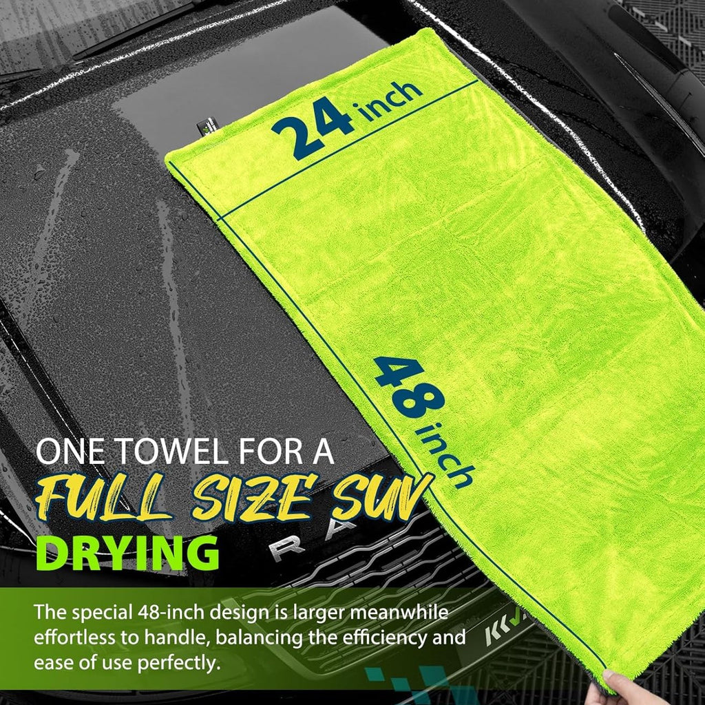KKV Full Size SUV Drying Towel, 121.92cm x 60.96cm Double-sided Microfiber Car Cleaning Towel with Twist Yarn Technology, 1400GSM Super Absorbent, Scratch Resistant, Machine Washable (Dark Grey-Green Yellow)