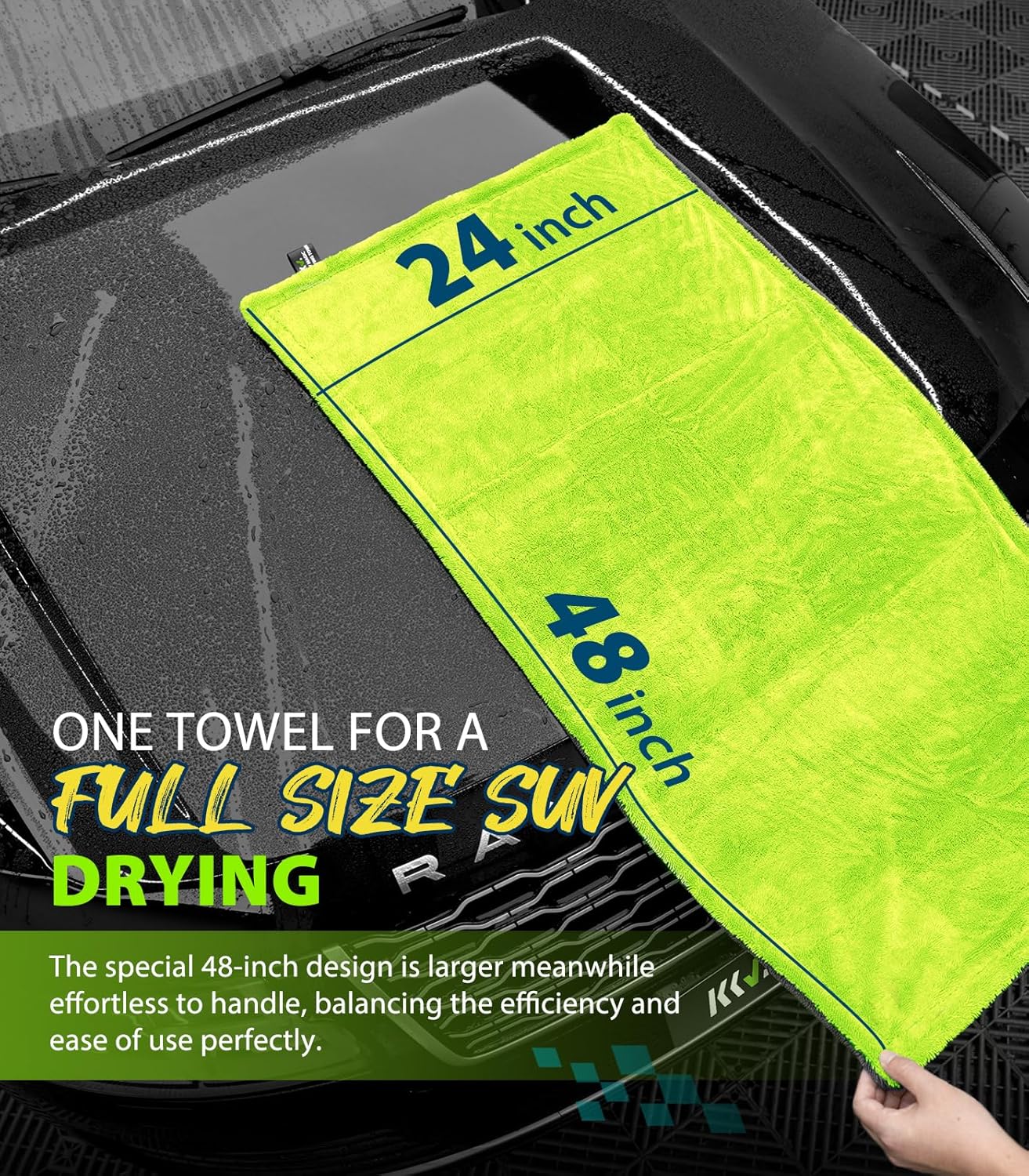 KKV Full Size SUV Drying Towel, 121.92cm x 60.96cm Double-sided Microfiber Car Cleaning Towel with Twist Yarn Technology, 1400GSM Super Absorbent, Scratch Resistant, Machine Washable (Dark Grey-Green Yellow)