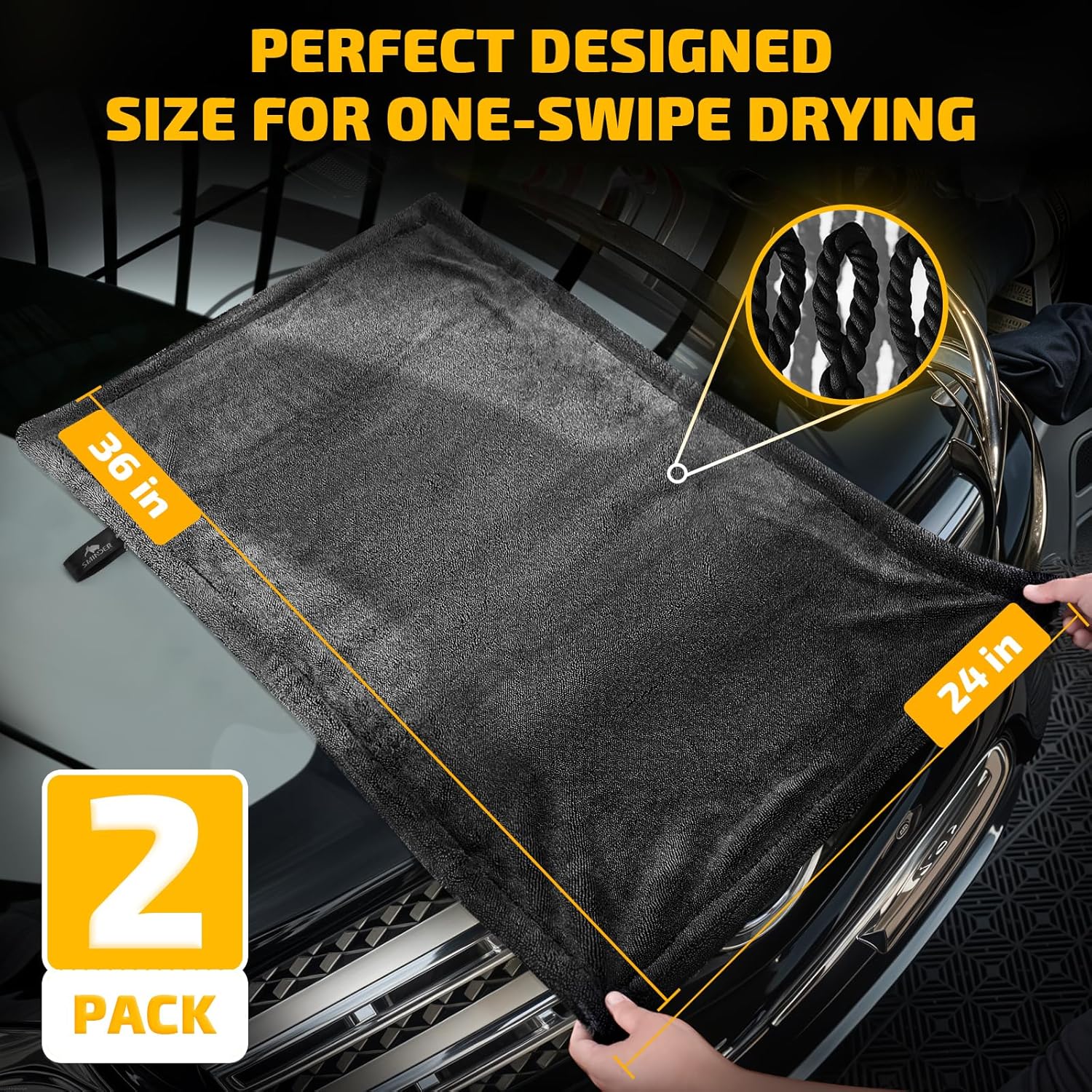 SMINDER 2-Pack 1200 GSM Microfiber Car Drying Towels (91.44cm x 60.96cm), Super Absorbent, Streak-Free, Scratch-Resistant, Water-Spot-Free, Premium Double Twist Fleece & Rimless Design, Quick & Easy DD ry