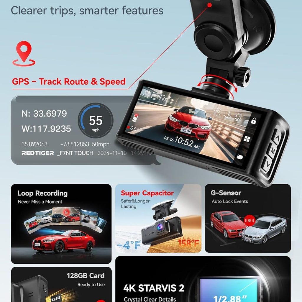 REDTIGER 4K STARVIS 2 Dash Cam Front and Rear, 5GHz WiFi 20MB/s Download, 128GB Card Included, Voice Control, Dash Camera for Cars with 3.18" Touch Screen, GPS, Loop Recording, Parking Mode(F7N Touch)
