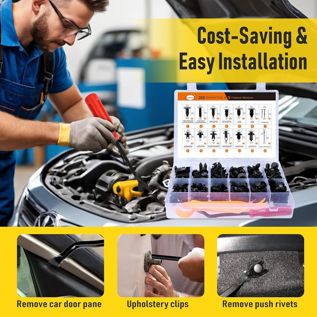260PCS Car Bumper Retainer Clips Kit - Auto Plastic Rivets & Push Fasteners Set, Most Popular Sizes for Door Trim, Panel, Fender - Compatible with GM, Ford, Toyota, Honda, Chrysler