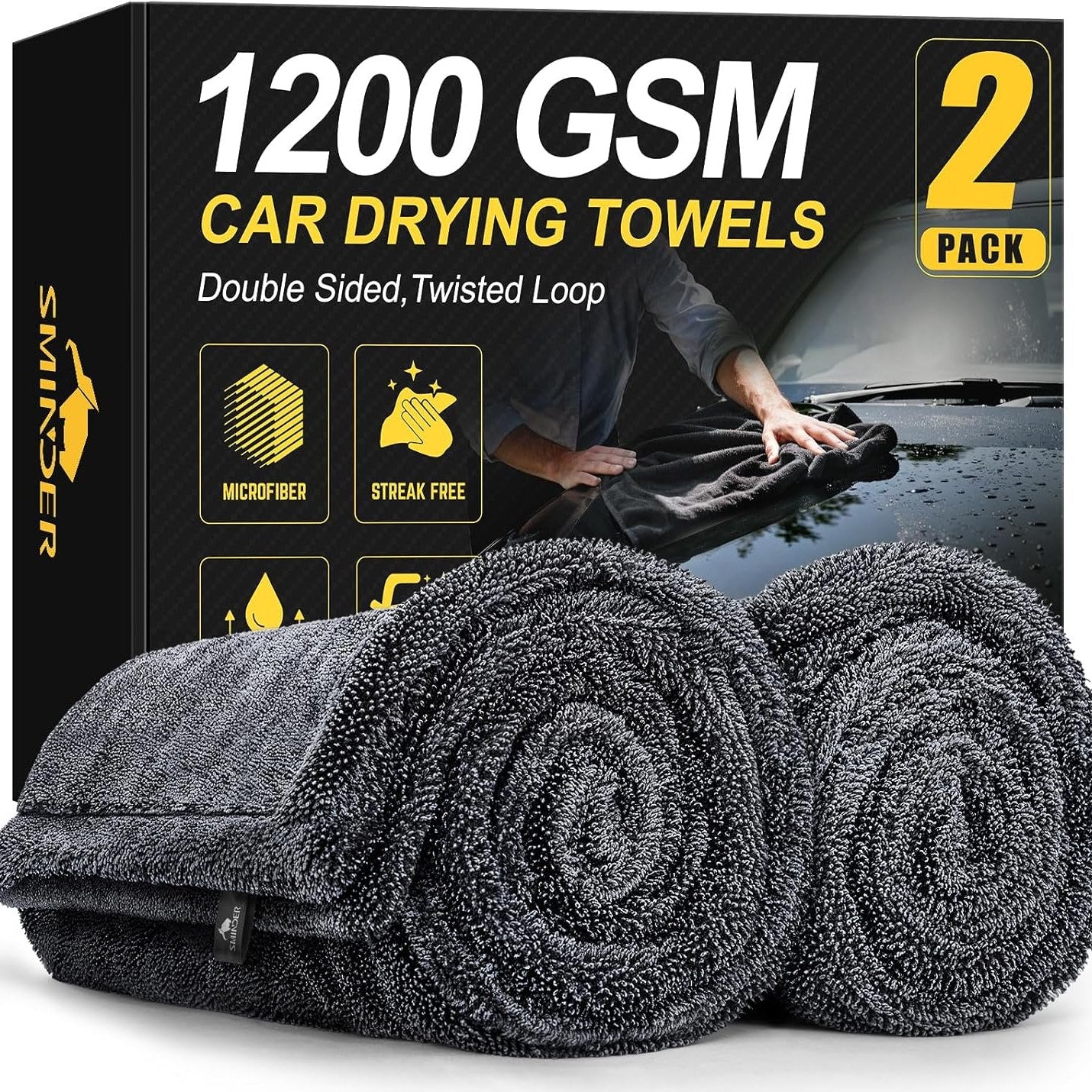 SMINDER 2-Pack 1200 GSM Microfiber Car Drying Towels (91.44cm x 60.96cm), Super Absorbent, Streak-Free, Scratch-Resistant, Water-Spot-Free, Premium Double Twist Fleece & Rimless Design, Quick & Easy DD ry