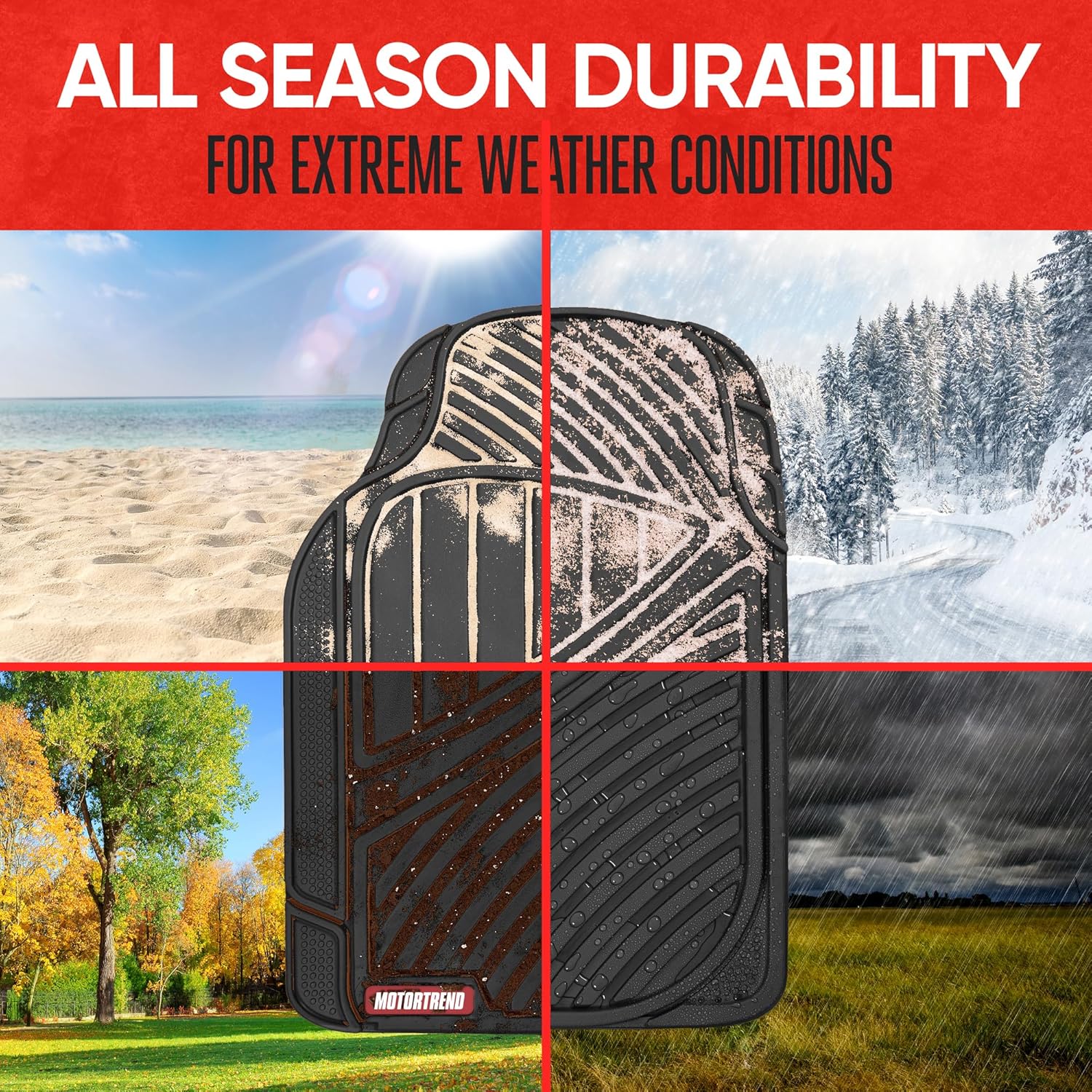 Motor Trend FlexTough Performance All Weather Rubber Car Floor Mat - 3 Pcs Floor Mat Car Liner for Car Truck Buggy, Heavy Duty Waterproof (Black)